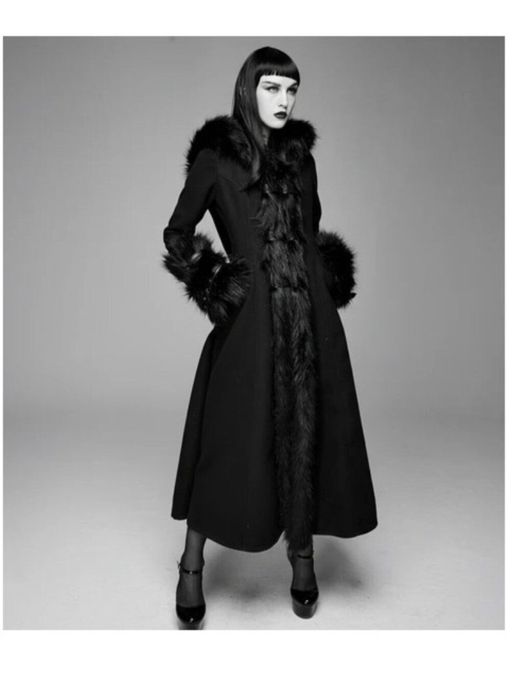 The Baroness - Gothic Long Coat with Faux Fur Collar